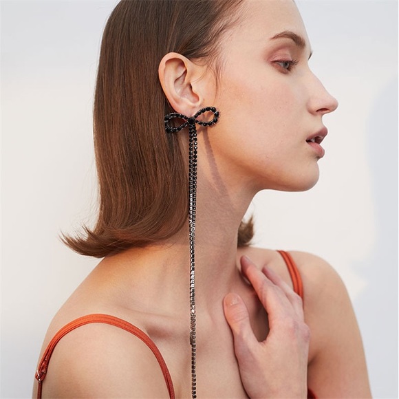 Black colored Rhinestone long Bow Earrings - Picture 7 of 16